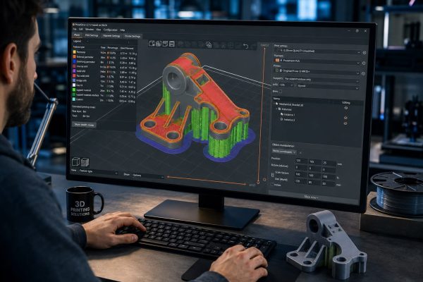 نمای نرمافزار اسلایسر چاپ سهبعدی با پیشنمایش لایهها، الگوی اینفیل Gyroid، ساختارهای ساپورت و تنظیم جهت چاپ یک قطعه مکانیکی