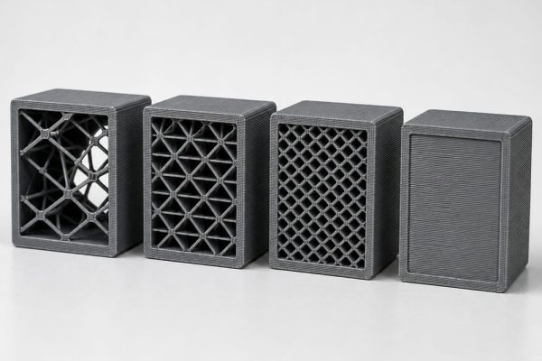مقایسه تراکمهای مختلف اینفیل در چاپ سهبعدی FDM از ۱۰ تا ۱۰۰ درصد، از ساختار داخلی کمتراکم تا مدل کاملاً توپر