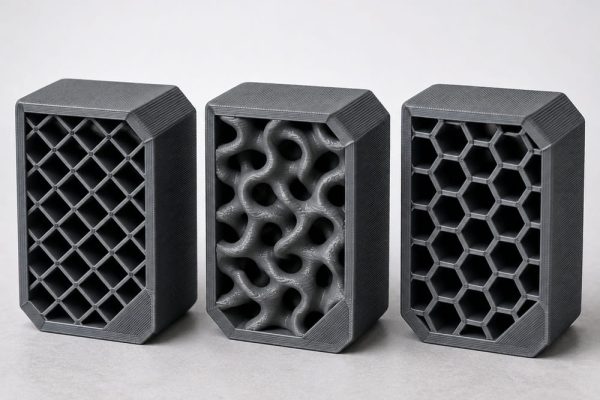 مقایسه سه الگوی اینفیل در چاپ سهبعدی شامل Grid، Gyroid و Honeycomb در مدلهای یکسان